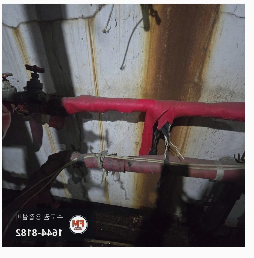 병원 보일러실 32A 온수 동배관 핀홀 누수 오래된 밸브로 상수도까지 잠그고 알곤 덧방 보수